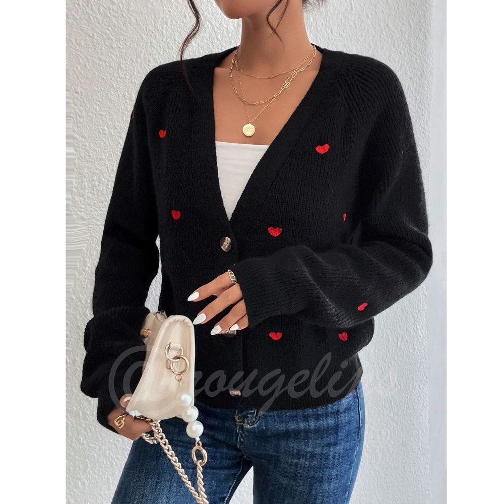 Red Hearts Cardigan Black Oversized Long Sleeve, Button Through Drop Shoulder - Picture 4 of 7